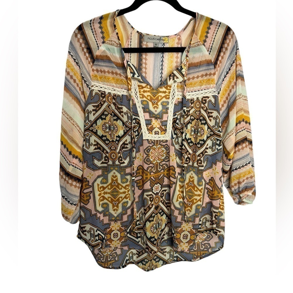 Figueroa and Flowet Boho Geometric 3/4 Sleeve Top Size medium